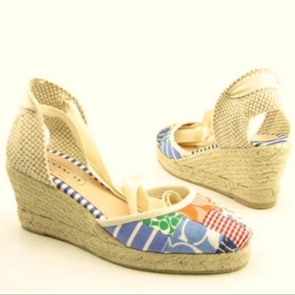 Coach Kerri PatchWork Canvas Close RoundToe Open Heels Gladiator Wedge Womens 10